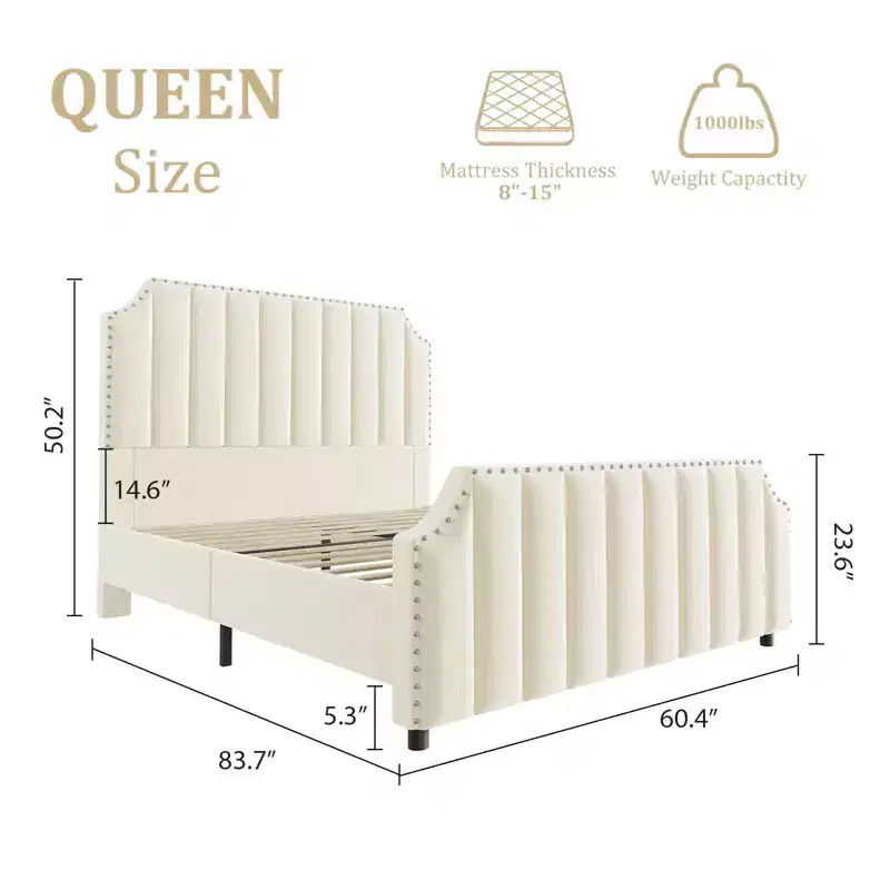 Queen Size Velvet Bed Frame with 50.2 Tall Headboard & Footboard.Upholstered Platform Bed with Nailhead Trim,Wood Slats,No Box Spring Needed