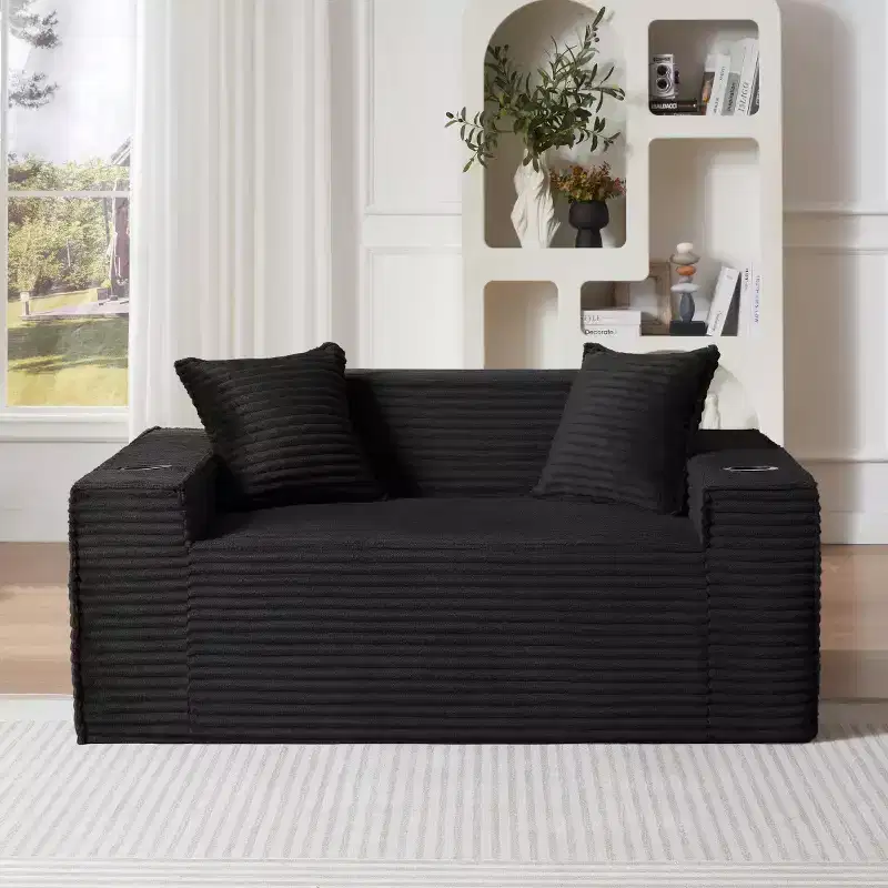 Modern Corduroy Loveseat Sofa with Cup Holders, Comfy Deep Seat Cloud Sofa, Boneless Couches for Living Rooms, Apartments, and Offices-Panipeachy