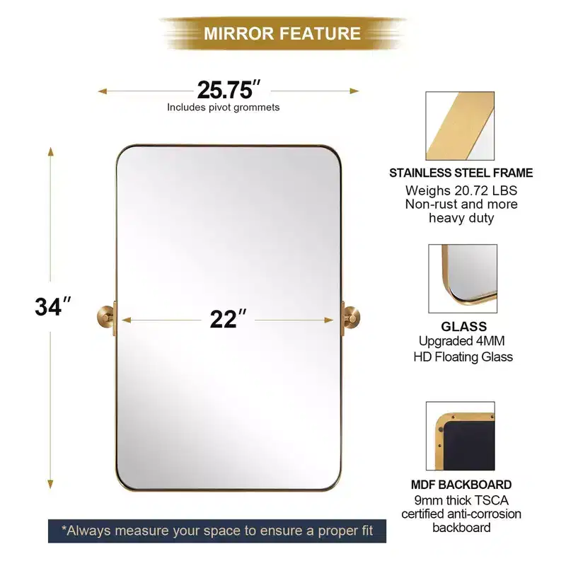 ANDY STAR Modern Decorative 22 x 34 Inch Rectangle Wall Mounted Hanging Bathroom Vanity Mirror with Stainless Steel Metal Frame, Brushed Gold