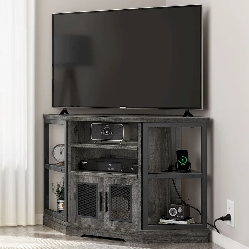 Farmhouse Corner TV Stand with Power Outlets, USB Ports and Mesh Soft-Close Doors – Grey Oak, Fits TVs up to 55