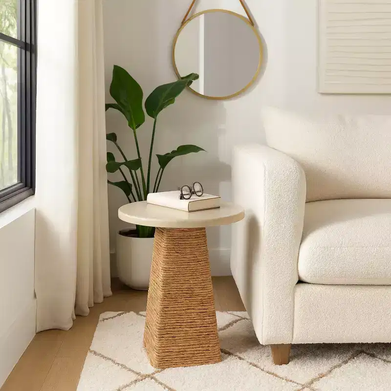 Woven End Table with Stone Top for Small Spaces - Natural Side Table Unique for Bedroom Decor or Living Room Styling - 20, Beige & Ivory