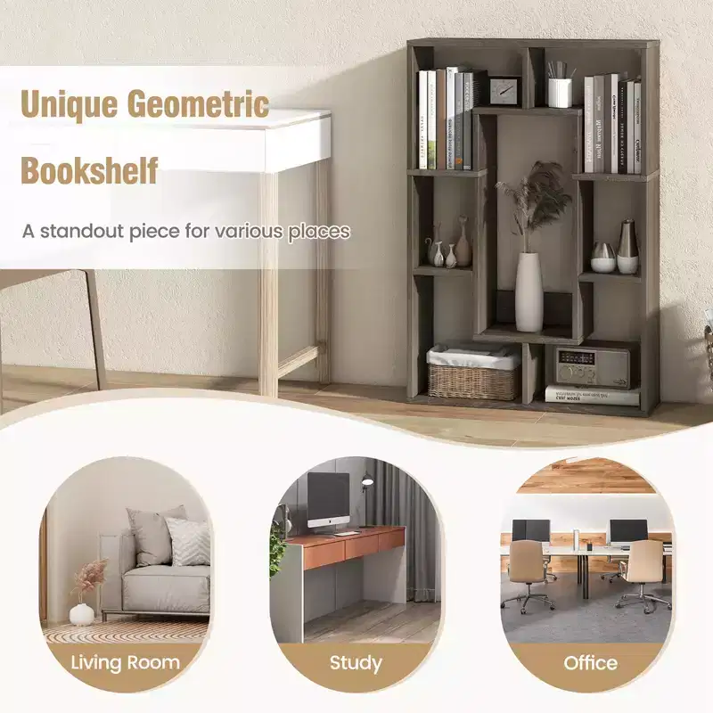 Costway 2 PCS 7-Cube Geometric Bookshelf with Anti-Toppling Device Modern Open Bookcase White/Grey/Natural