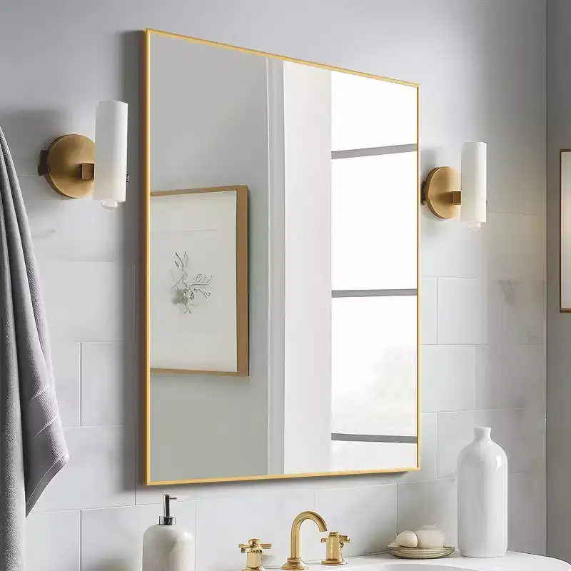 40x30 Rectangle Bathroom Mirror with Aluminum Alloy Frame, Wall Hanging Mirror Wall Mounted Vanity Mirror for Bedroom Living Room Entryway, Gold