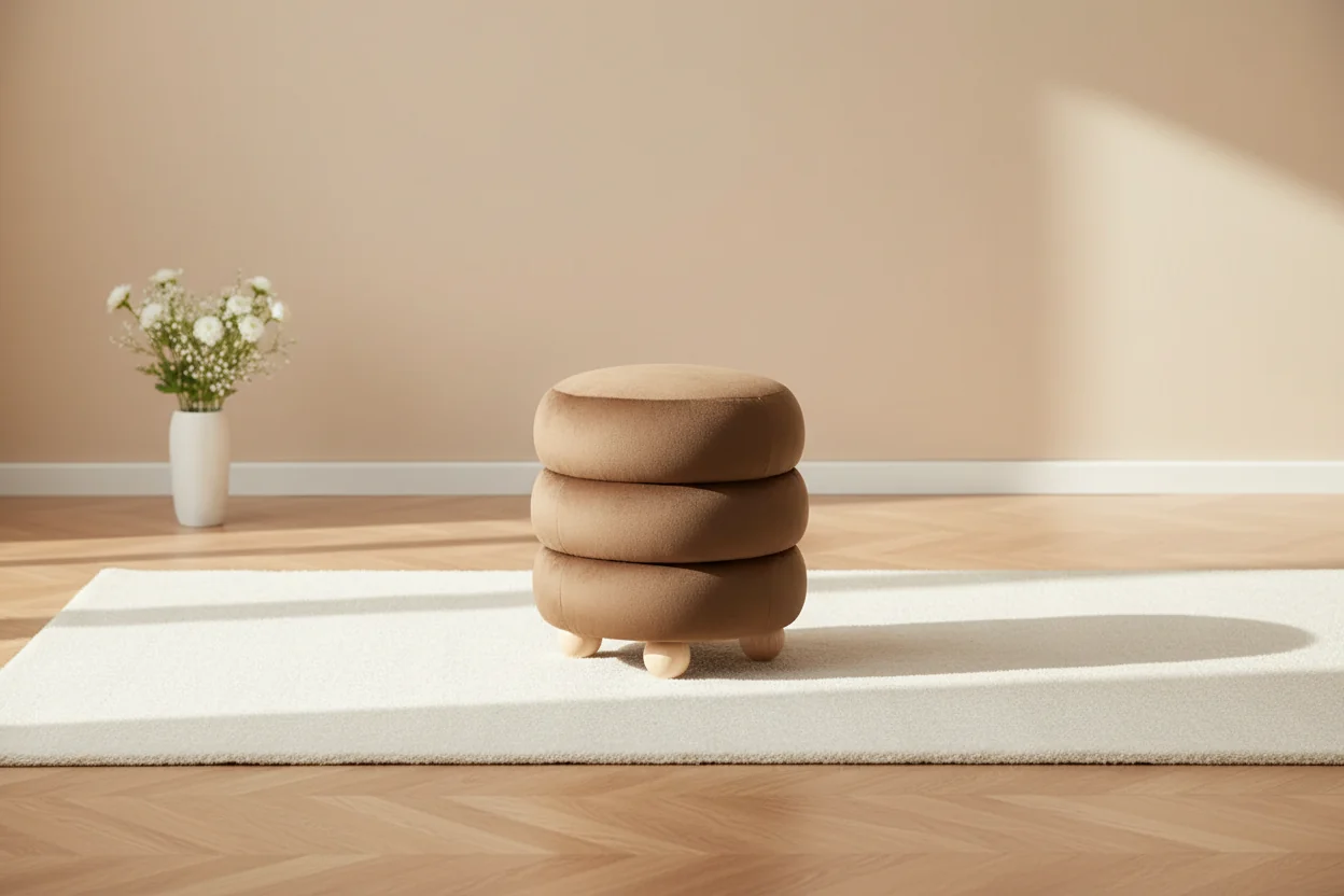 Round Channel-Tufted Velvet Ottoman, Light Brown & Walnut