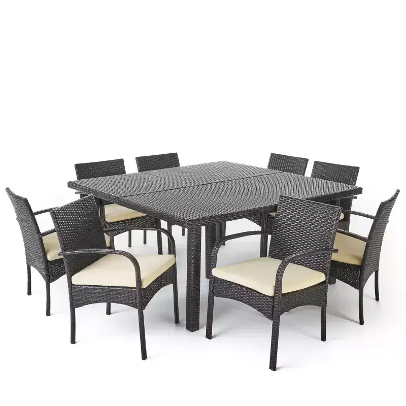 GDFStudio Hubery 9 Piece Outdoor Wicker Patio Dining Set with 64 Square Rattan Table and Cushions