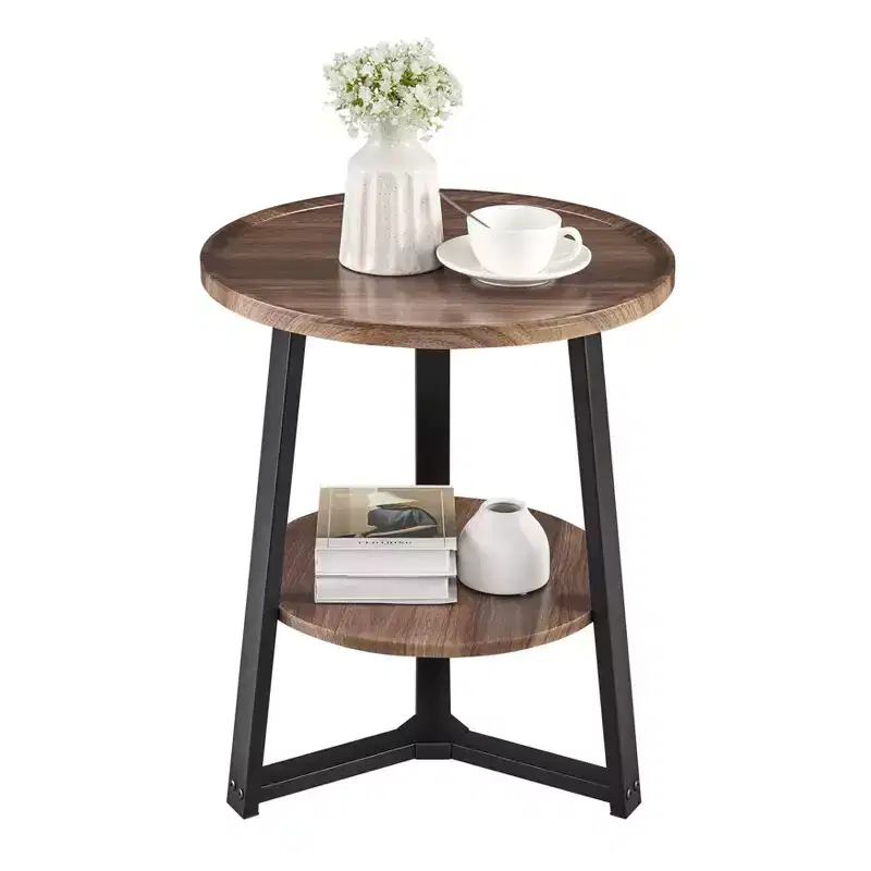 Mason Round 2-Tier Mid-Century Side Accent Table – Walnut/Black, Pedestal Legs, MDF
