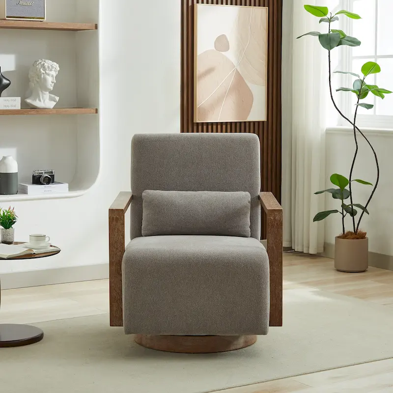 360 Degree Swivel Accent Chair with Solid Wood Armrest and Base