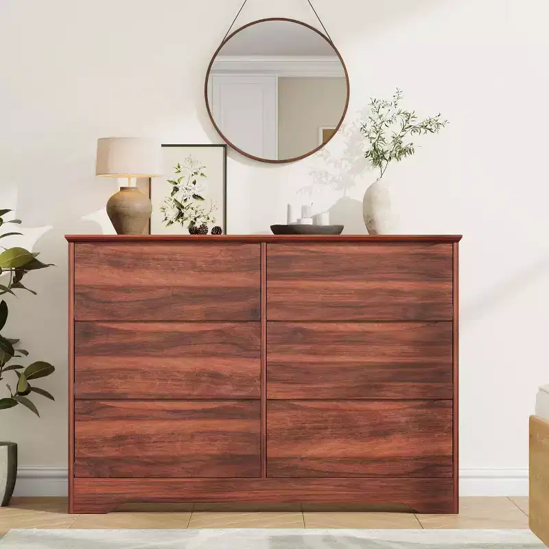 Modern Wooden Dresser with 6 Deep Drawers, Large Storage Chest with Wide Top Surface, Long Bedroom or Living Room Organizer Cabinet