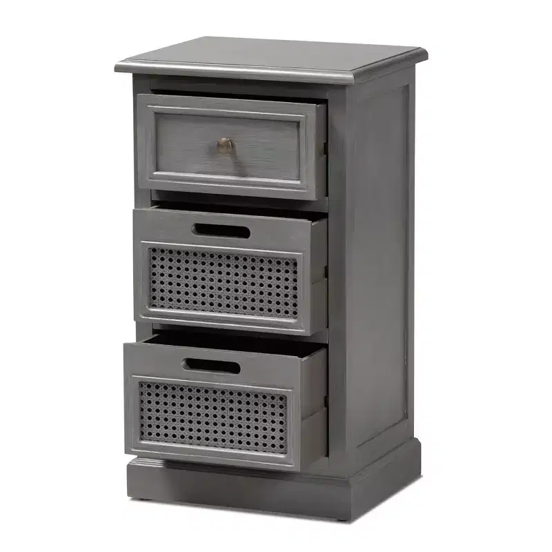 Sheldon Vintage Wood and Synthetic Rattan 3 Drawer Nightstand Gray - Baxton Studio