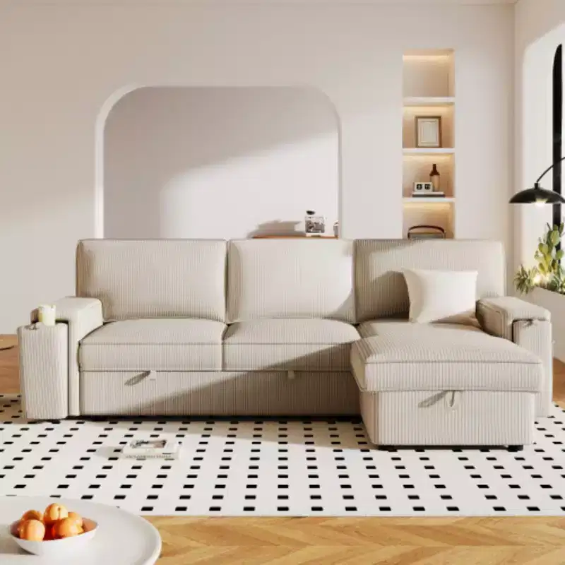 Fabric Convertible Sectional Sofa with Storage Pockets and Dual Cup Holders on Armrests