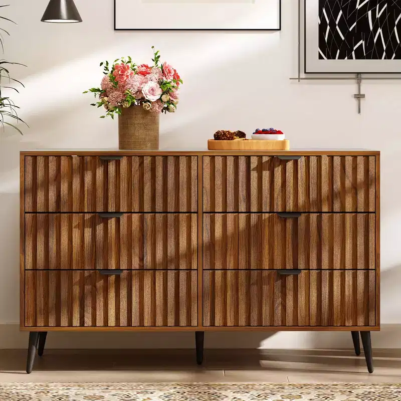 47 Fluted 6 Drawer Dresser, Modern Dressers for Bedroom, Wood Dresser Organizer Dresser with Blister Drawers,Brown