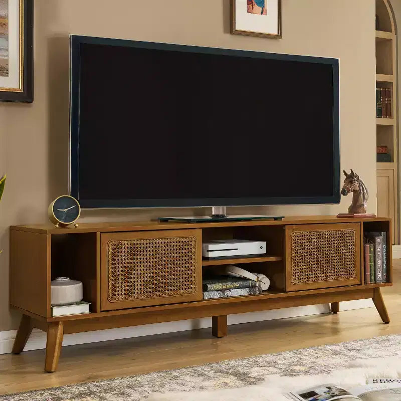 67.9-inch Mid-Century Modern Rattan-Weave Cabinet Door TV Console, suitable for TVs up to 75 inches; ideal for living rooms, walnut finish