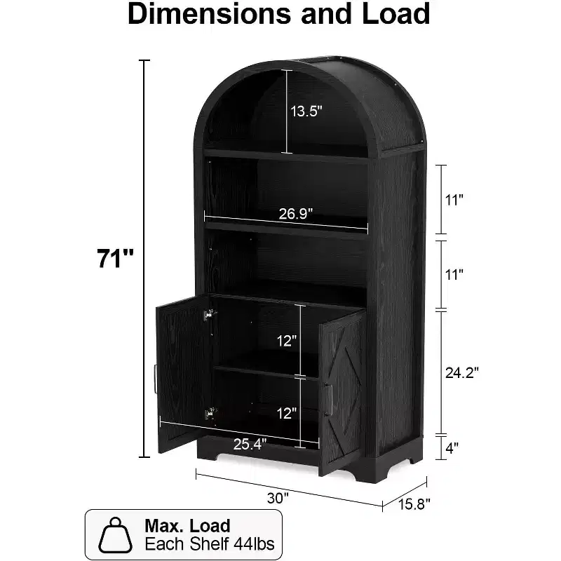 Dyonery 71 High Arched Bookcase with Doors, 5-Shelf Mid-Century Modern Black Arched Cabinet with Storage and Open Adjustable ShelvesGray