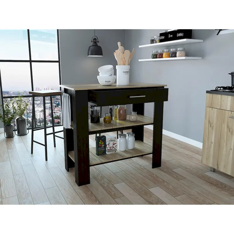 Rockaway 1-Drawer 2-Shelf Kitchen Island Black Wengue and Light Oak