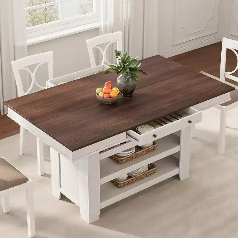 Wood Counter Height Dining Table 36''H with 2 Drawers, Wine Rack & 3 Shelves