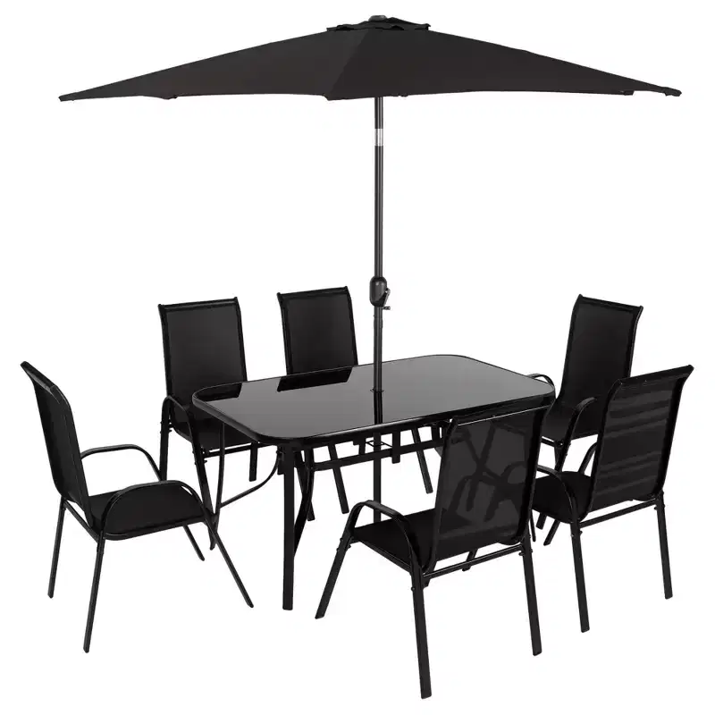 Outsunny 8 Piece Patio Furniture Set with Umbrella, Outdoor Dining Table and Chairs, 6 Chairs, Push Button Tilt and Crank Parasol, Glass Top