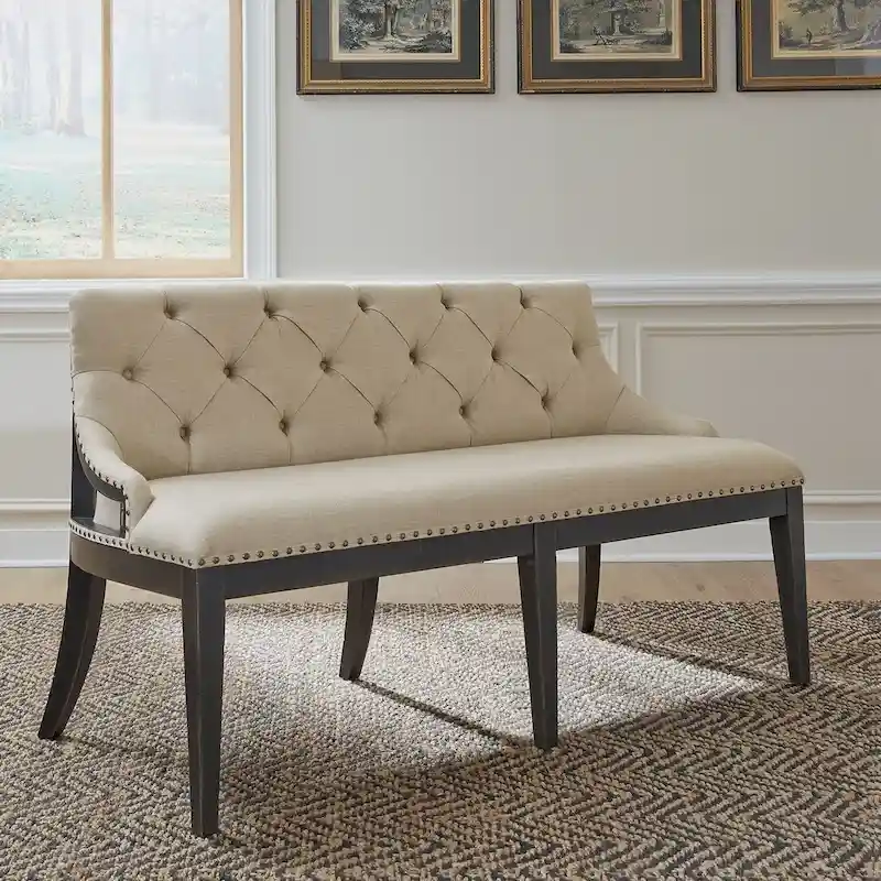 Black Upholstered Shelter Dining Bench with Tufted Back and Nail Head Trim