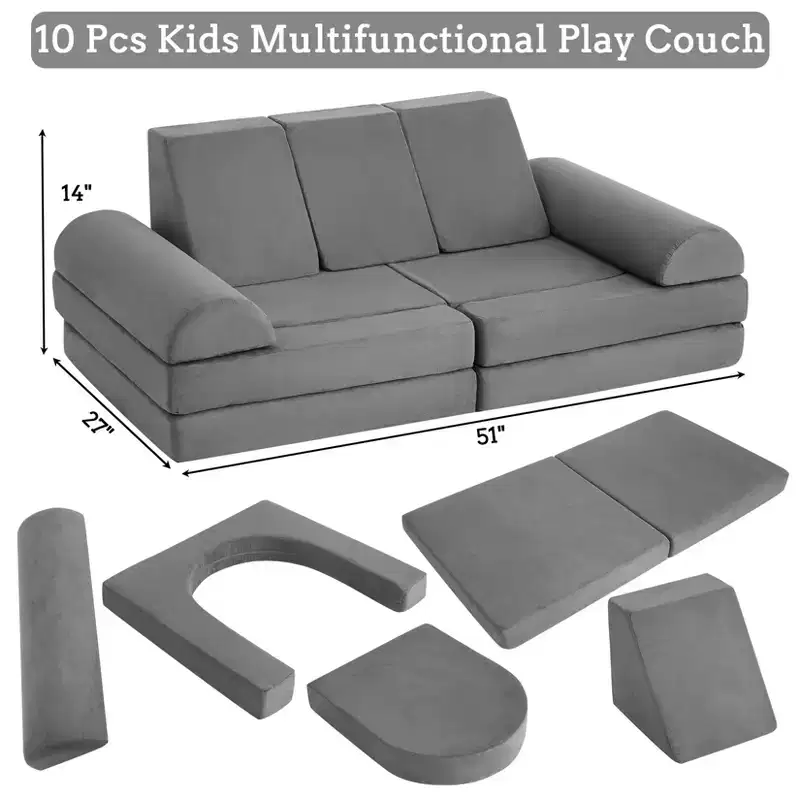 10-Piece Modular Kids Convertible Corner Sofa, Soft Foam Play Cushions with Ball Pool, Play Sofa for Boys and Girls (Grey)