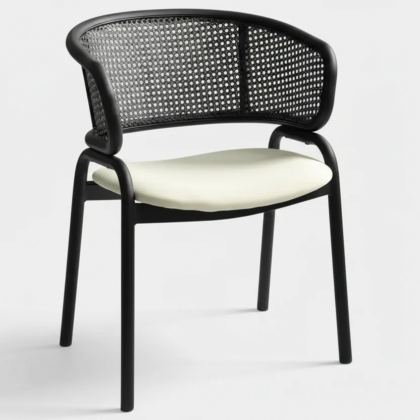 Modern Dining Chair with Woven Rattan Back, Upholstered Seat & Black Iron Legs – 29.1
