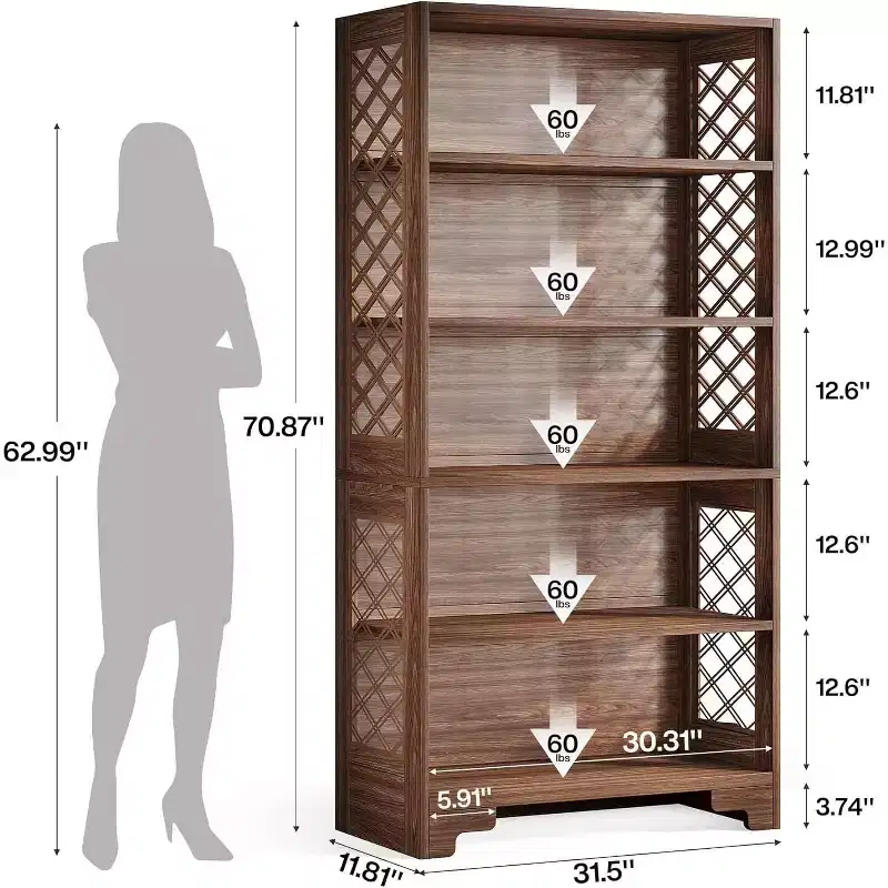 Lantine 71-Inch Tall Bookshelf, 6-Tier Large Mid-Century Bookcase with 5 Storage Shelves for Living Room, Home Office