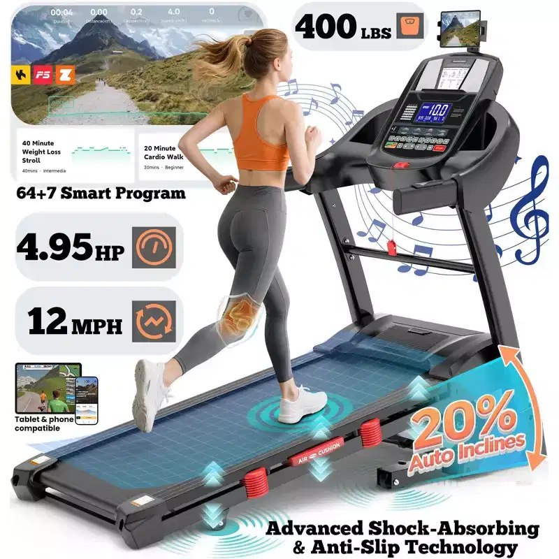 20% Auto Incline Treadmill,4.95HP Folding Treadmill 400lb Capacity,71 Program,12MPH,Personalized Workout W/ APP Control,Jogging Walking Home Treadmill