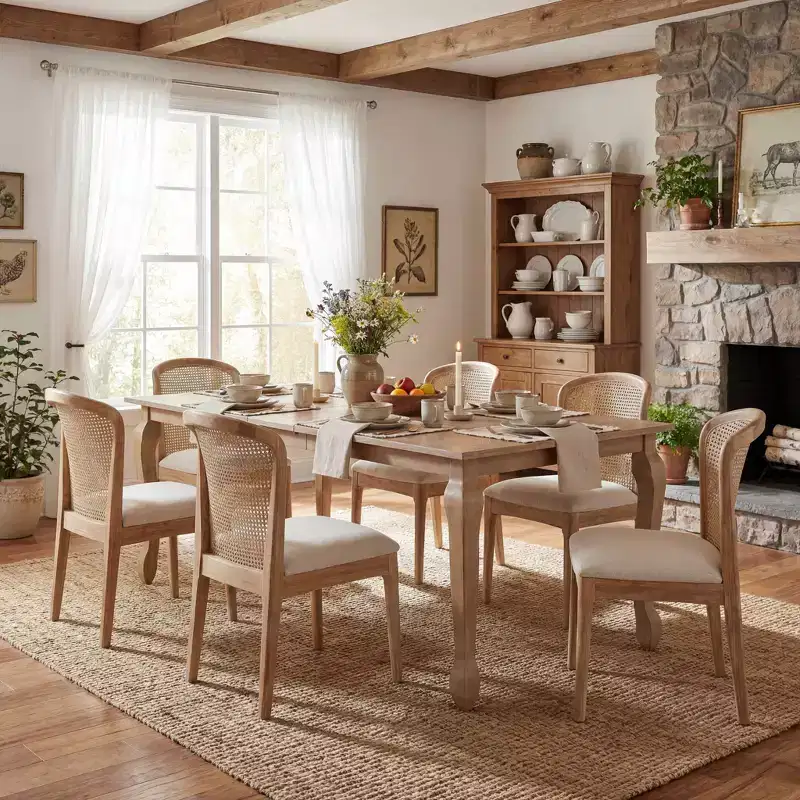 Christopher Knight Home Thaddea 7-Piece Farmhouse Expandable Rubberwood Dining Set with Rattan Fabric Upholstered Chairs
