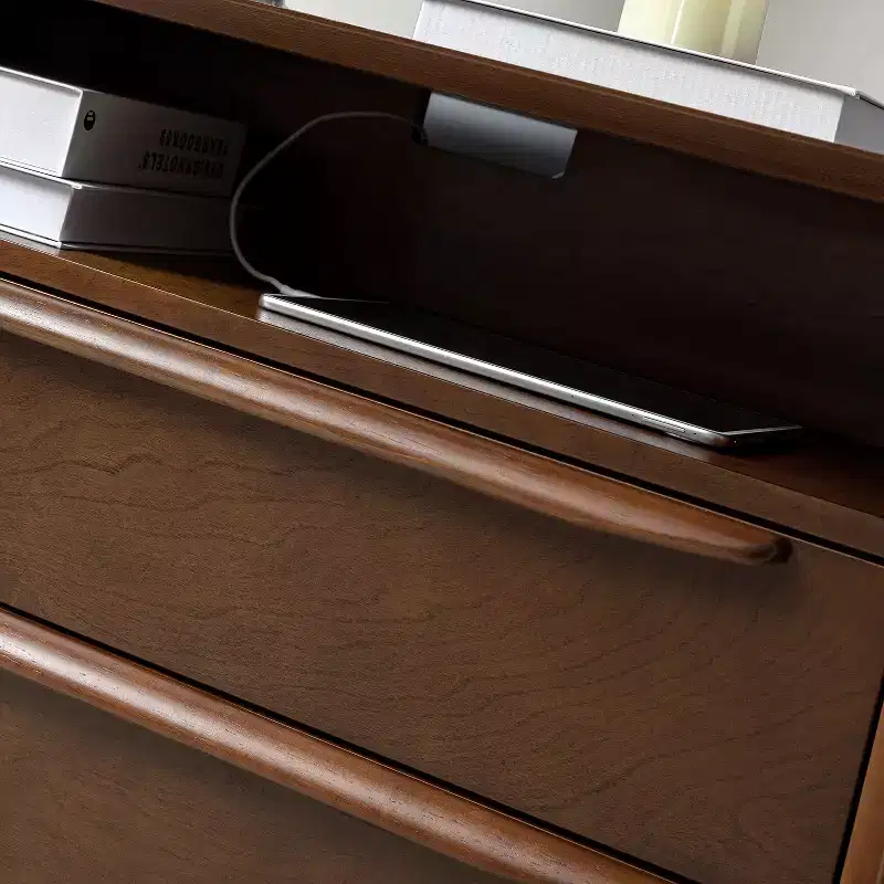Margery Mid-century Modern 2 - Drawer end table with Built-In Outlets and Cable Management and Open Shelf | HULALA HOME