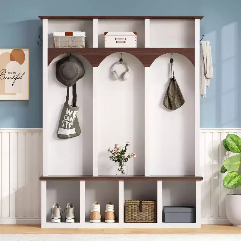 Farmhouse Hall Tree with 6 Hooks, Walnut Bench, 13 Shoe Cubbies & Shelves