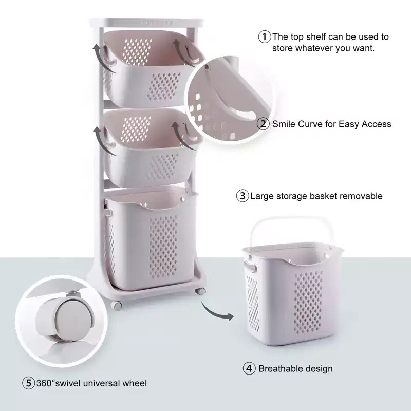 JVNOXK 4-Tier Laundry Basket Sorter, Rolling Laundry Storage Organizer with Removable Wheels, Bathroom Dirty Clothes Cart, White