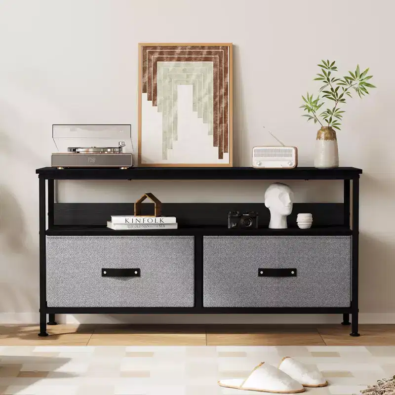 TV Stand Fits for 32 to 55 Inch TVs- 2 Fabric Drawers, Small Media Console with Open Compartment and Adjustable Feet for Bedroom Living Room