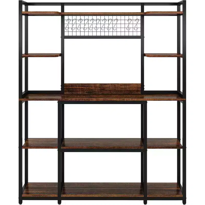 Lantine 55-Inch Kitchen Bakers Rack, 5-Tier Microwave Stand with Metal Frame, Large Coffee Bar Station with 11 Hooks, Rustic Brown