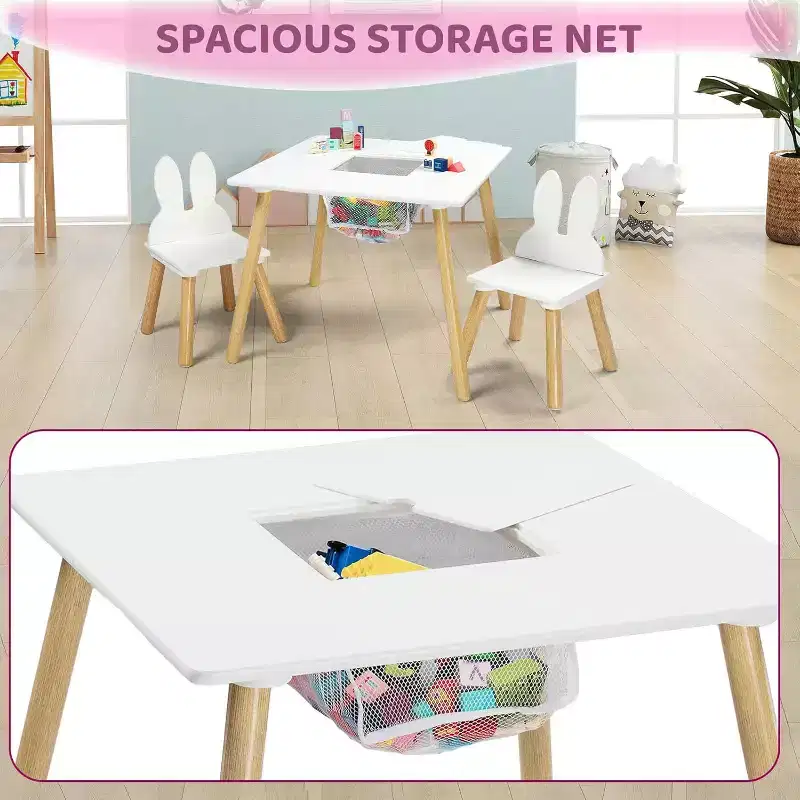 JOYMOR 3-in-1 Kids Table & 2 Chairs Set with White Bunny Ear Chairs, Removable Top & Storage for Ages 2-5