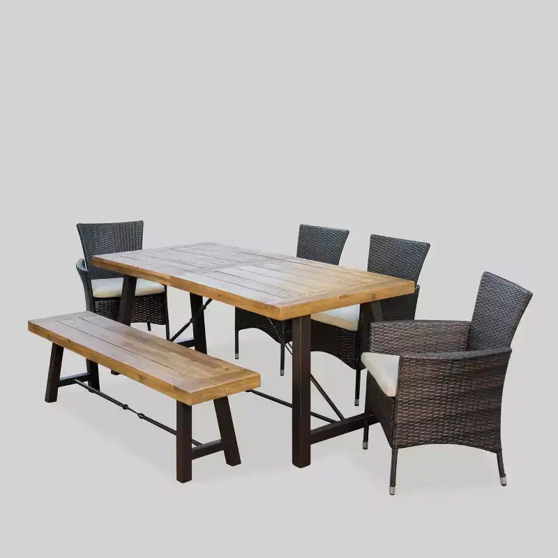 Jennys 6pc Acacia/Wicker Patio Dining Set - Brown - Christopher Knight Home: Weather-Resistant, Iron Frame, Bench Included