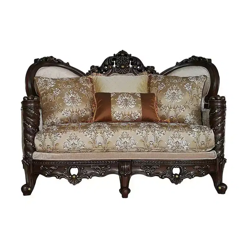 Loveseat Sofa, Dark Walnut Finish with Patterned Fabric
