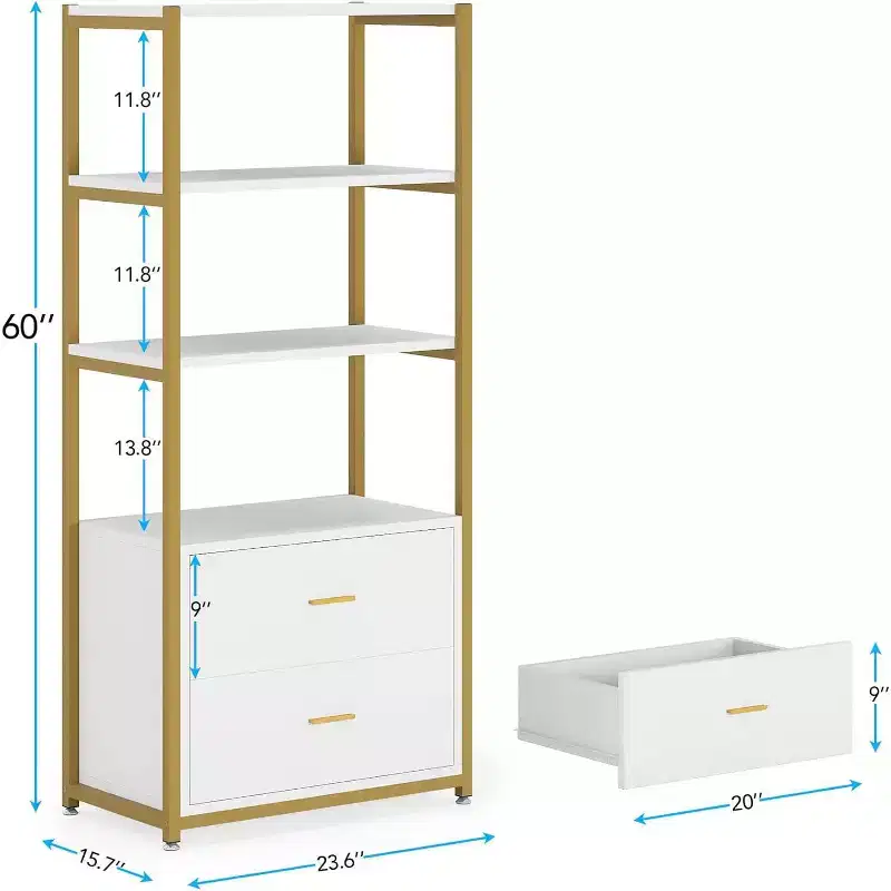 4-Tier Bookshelf with 2 Drawers – Metal Frame, Particle Board, 60