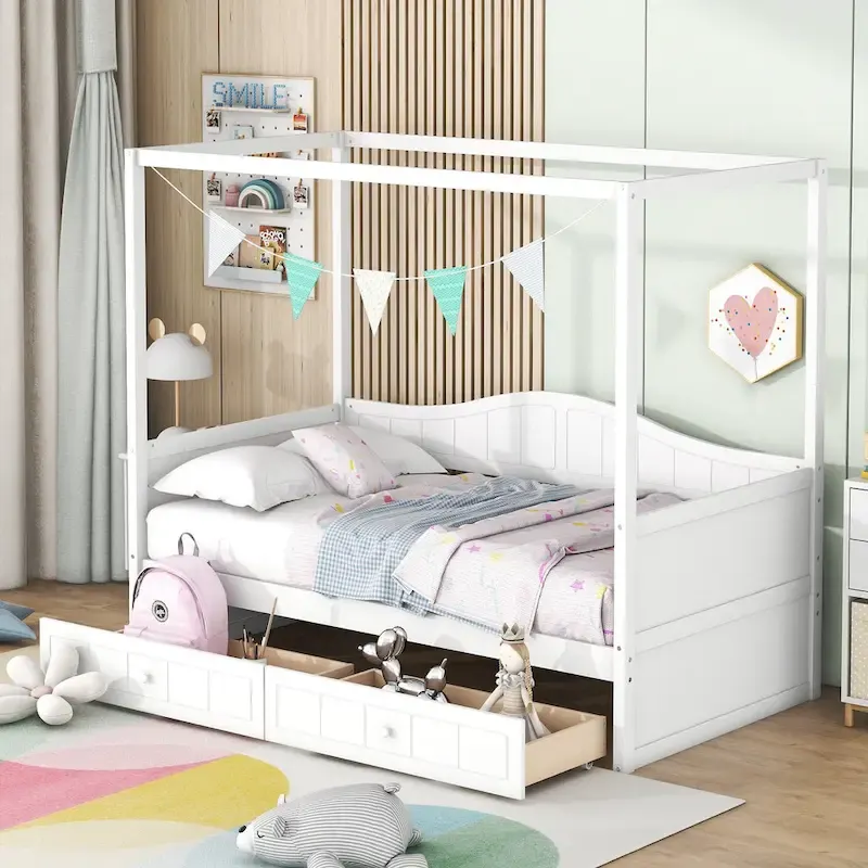 Twin Size Wood Canopy Day Bed with 2 Drawers