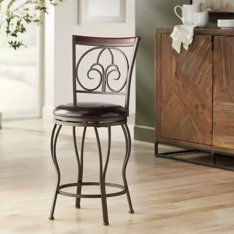55 Downing Street Colton Metal Swivel Bar Stools Set of 2 Brown 24 High Traditional Round Cushion with Backrest Footrest for Kitchen Counter Height