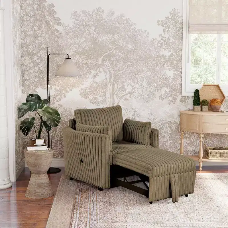 Convertible Lounge Chair with USB and 2 Pillows, Single Sofa Bed Pullout Sleeper