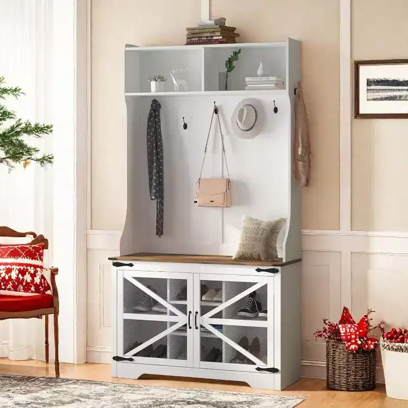 Farmhouse Hall Tree, 4-in-1 Entryway Organizer with 7 Shoe Cubbies & 7 Hooks, Storage Bench for Mudroom/Hallway/Bedroom