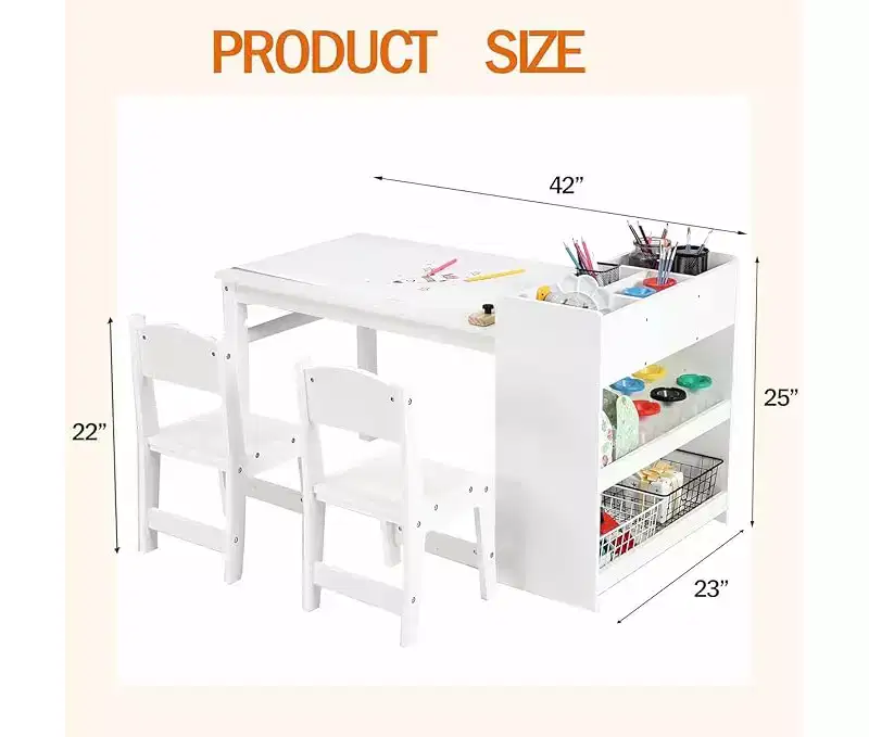 Kids desk and Chair Set, Wooden Art Desk with Paper Roller, Paint Cups & Storage Shelves, 2 in 1 Craft Activity Table for Drawing Painting Writing