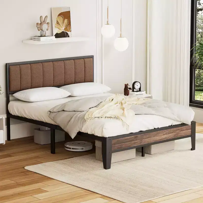 Lusimo Full Metal Platform Bed Frame with Fabric Upholstered Headboard Easy Assembly