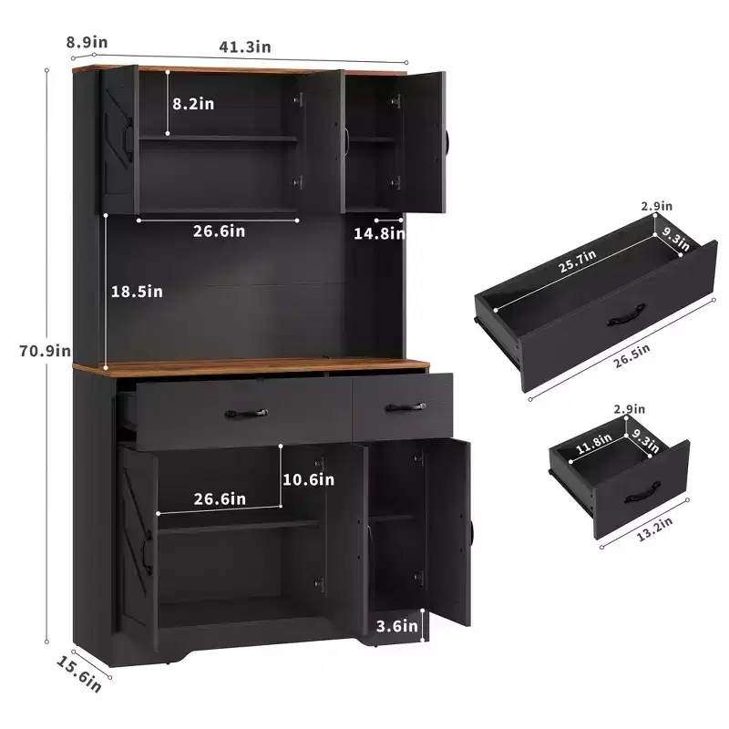 Pantry Cabinet with Charging Station, 71'' Kitchen Pantry Cabinet, Farmhouse Kitchen Hutch with Drawers, Adjustable Shelves for Dining Room