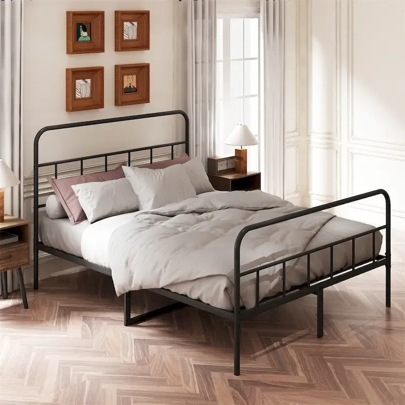 Queen Size Metal Platform Bed frame w/ Headboard No Box Spring Needed
