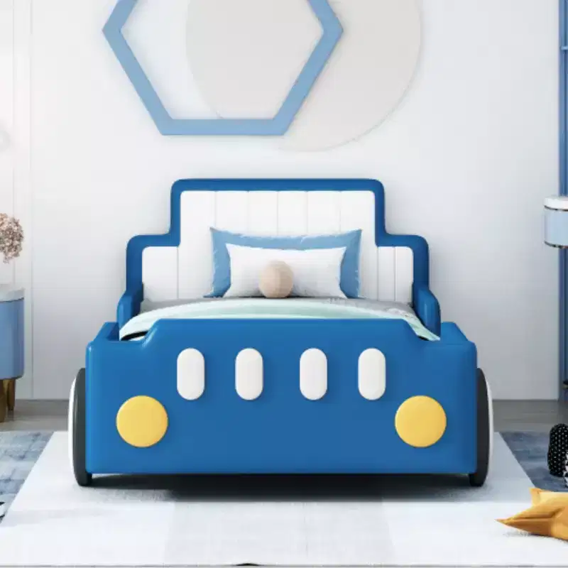 Twin Size Race Car-Shaped Platform Bed with Wheels,Blue