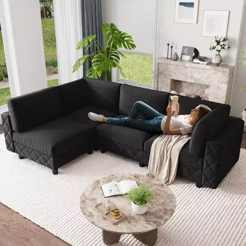 Black Modular L-Shaped Sectional Sofa C 4-Seater Diamond Pattern Couch with Wood Frame for Living Room & Apartment (Easy Assembly)