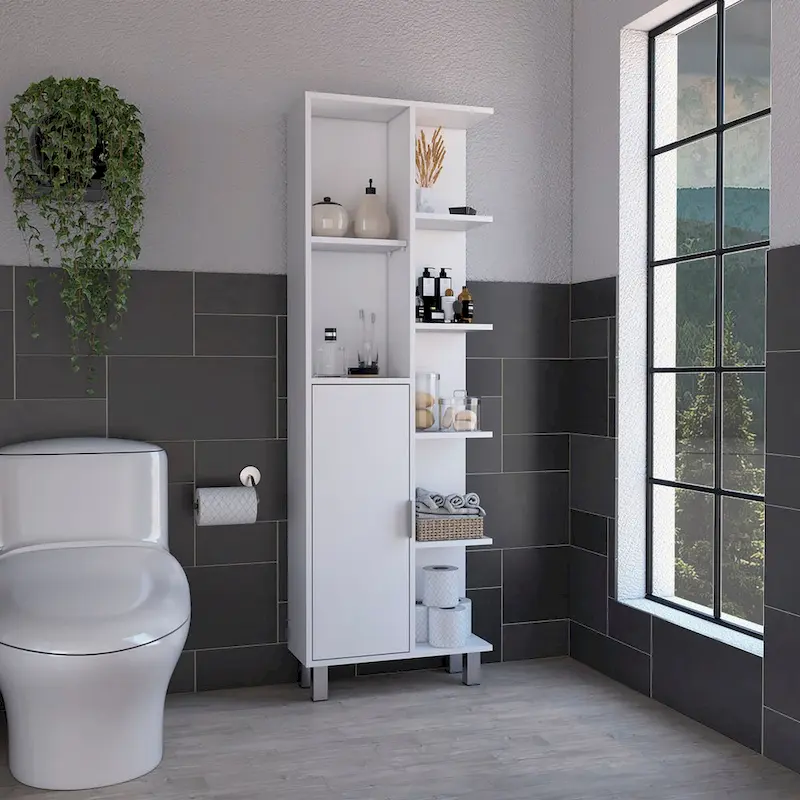 Linen 63-inch High Bathroom Cabinet Linen Storage Cabinet with Seven Open Shelves