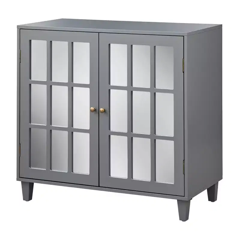 Double Door Cabinet with Mirrored Glass Doors – Charcoal Gray