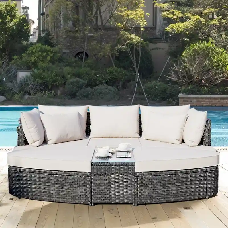 6-Piece Wicker Outdoor Sectional Conversation Set with Cushions - 2Corner Sofas&1Single Sofa&2Ottomans&1Table