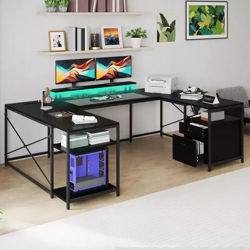U Shaped Desk With Power Outlets & LED Lights Desk With Drawers Corner Computer Desk Office Desk With Monitor Stand & Storage Shelves Black