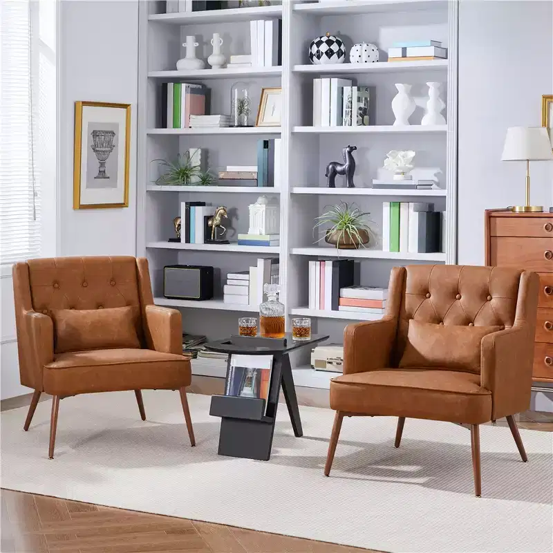 Set of 2 Button Tufted Modern Accent Armchairs with Lumbar Support, Retro Brown